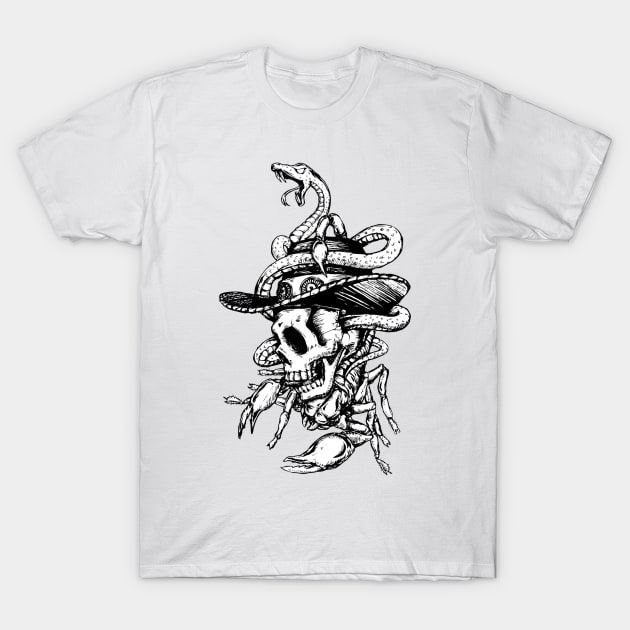 Artistic Skull Drawing w/Hat and Snake Motif T-Shirt by MacDesignsAU